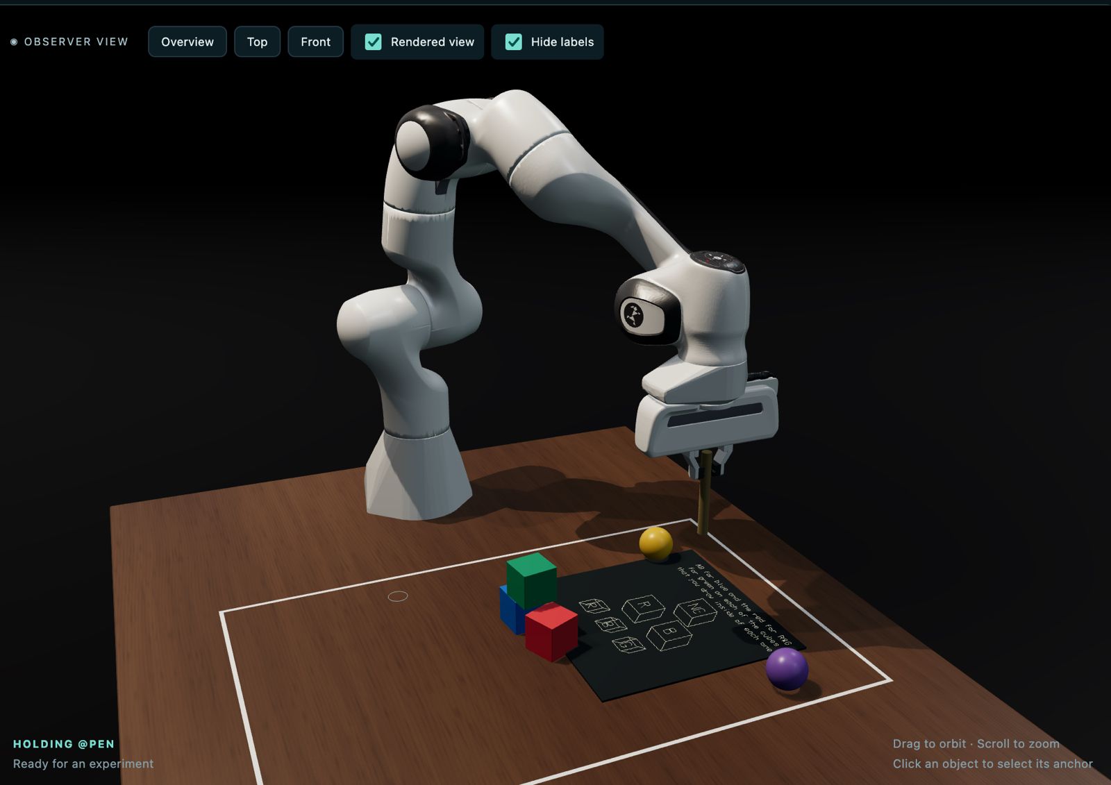 Visão geral do Digital Twin durante uma tarefa com caneta e cubos coloridos. Visão geral do Digital Twin durante uma tarefa com caneta e cubos coloridos.
