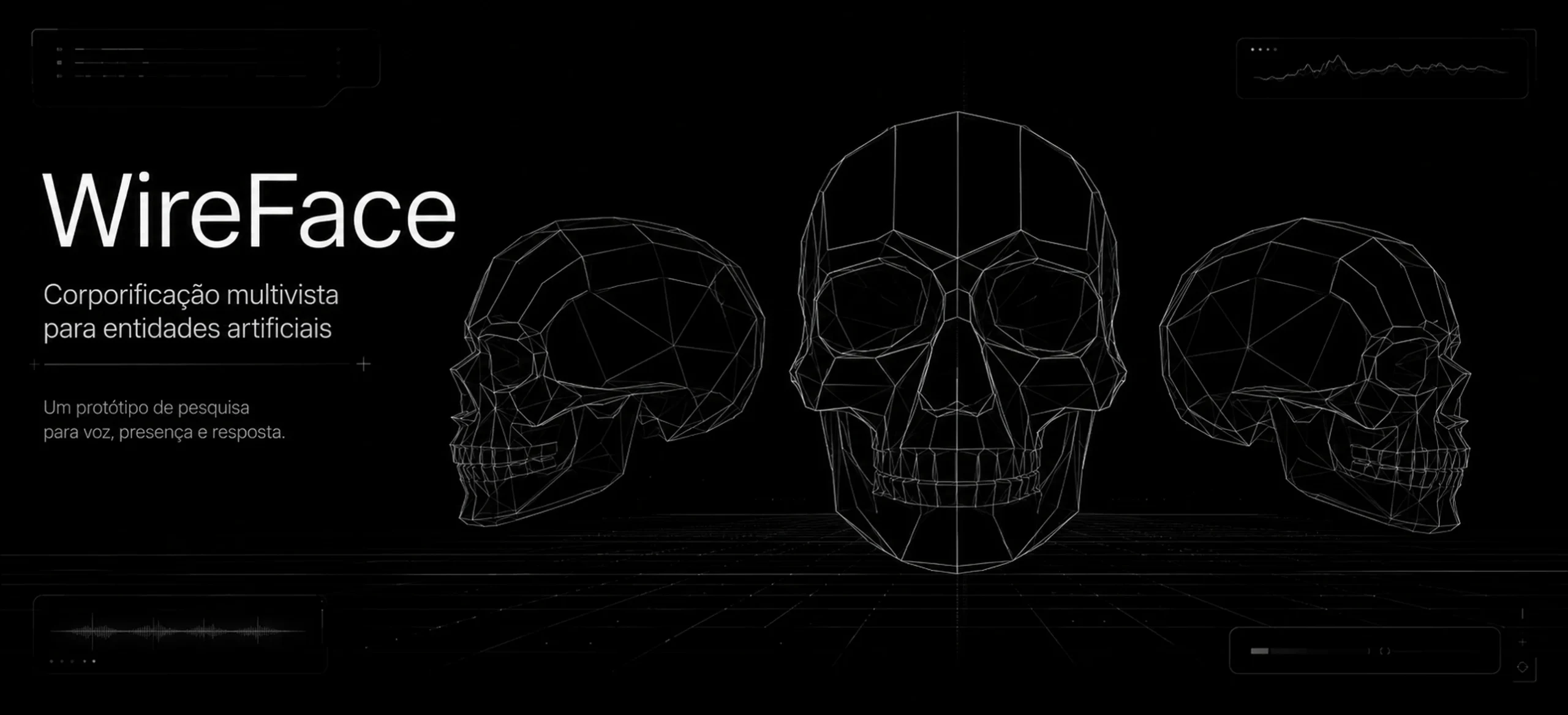 WireFace: corporificação multivista para entidades artificiais, apresentada por três cabeças cranianas em wireframe.